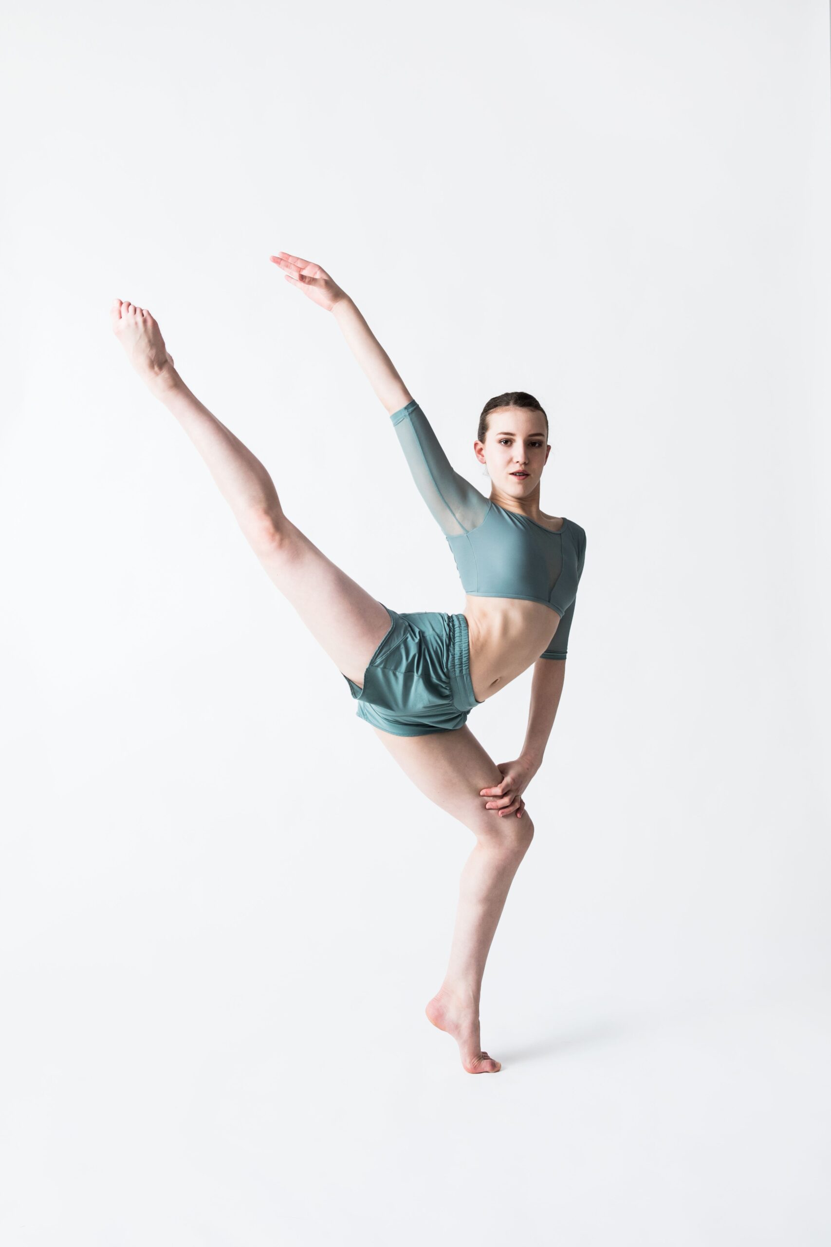 blue dancewear arabesque photo ballet pose